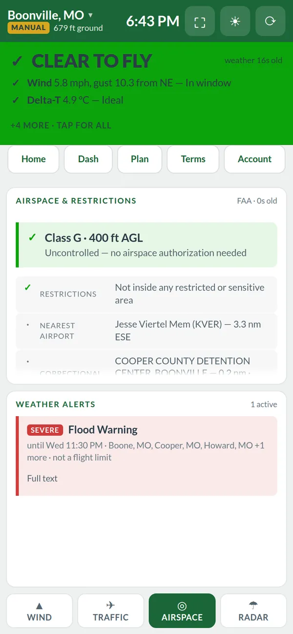 Field app, airspace tab: Class G, 400 feet above ground, no authorization needed; not inside any restricted area; nearest airport Jesse Viertel Memorial 3.3 nautical miles; and an active National Weather Service flood warning.